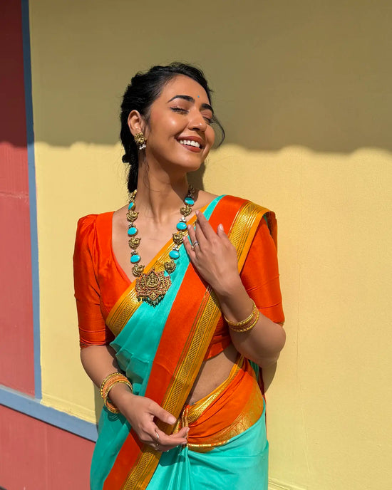   Pure Mysore Crepe Silk Saree – Rama Blue with Fanta Orange Contrast