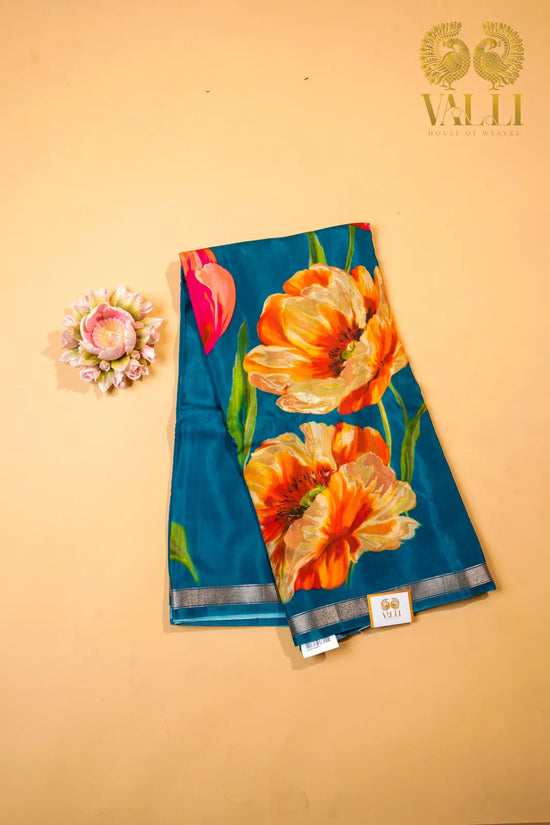 Pushpavalli Saree  – teal Blue cotton viscose 
