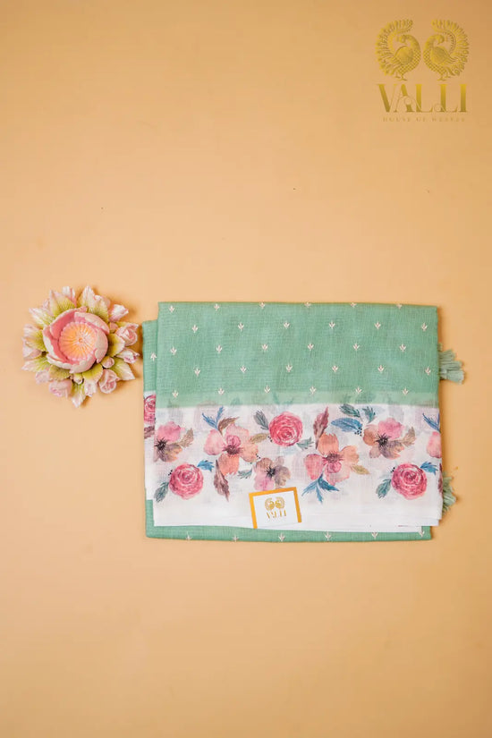 Mint Green Kota Saree with Digital Floral Border