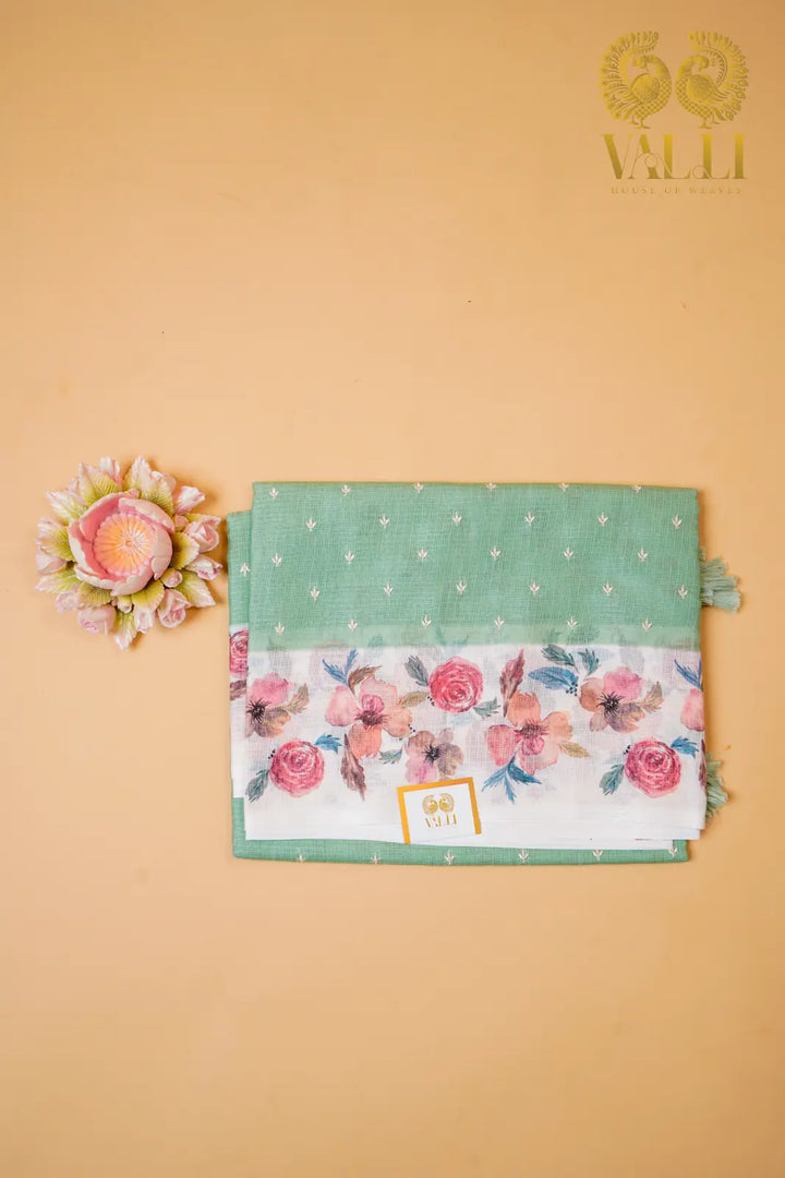 Mint Green Kota Saree with Digital Floral Border