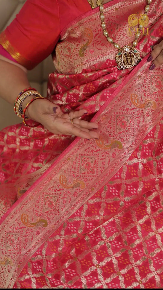 Rani pink bhandini brocade with rich Zari weave