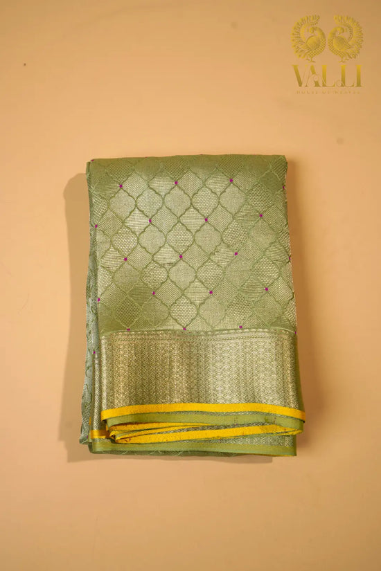 Elachi Green Banarasi Crepe Silk Saree with Yellow Selvage