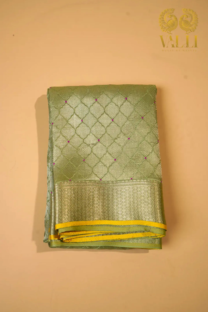 Elachi Green Banarasi Crepe Silk Saree with Yellow Selvage