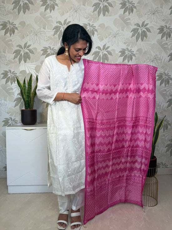 White Embroidered Salwar Set with Pink Shibori Dupatta