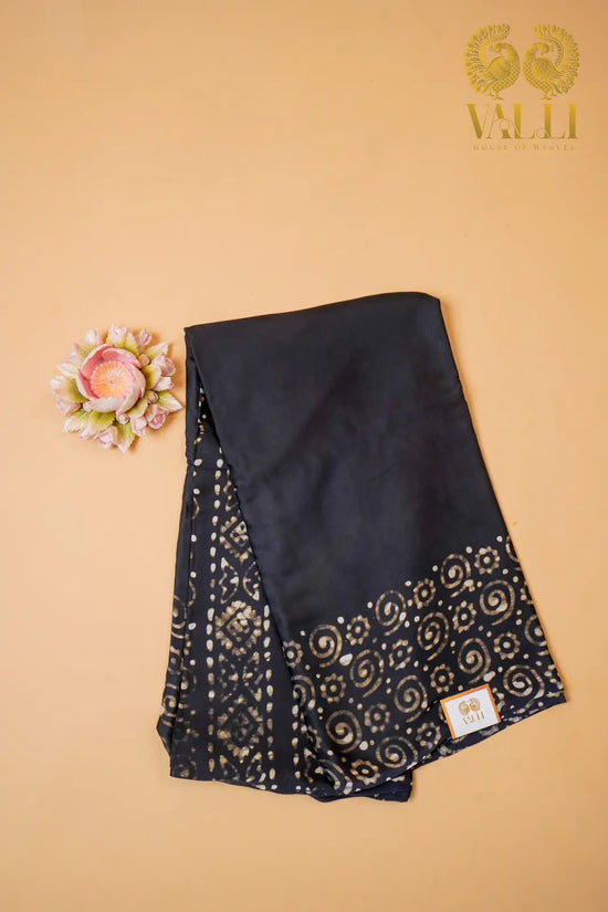 Black Batik Satin Modal Saree – Batik Printed Pallu with Matching Blouse