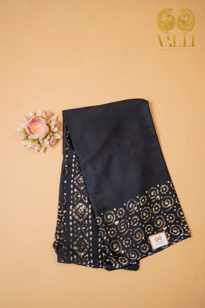 Black Batik Satin Modal Saree – Batik Printed Pallu with Matching Blouse