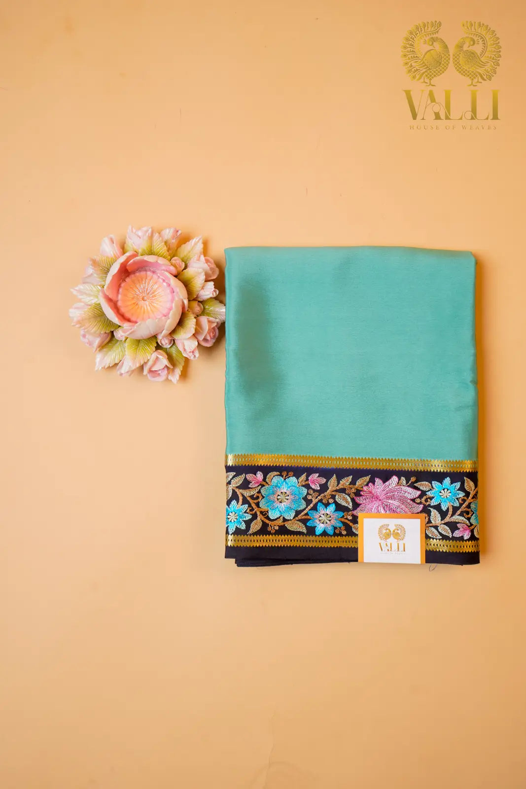 Sea Green Pure Crepe Silk Saree with Contrast Embroidered Border