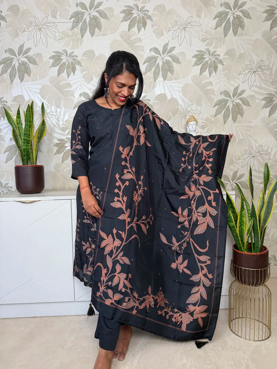 Black Silk Salwar Set with Orange Leaf Motifs