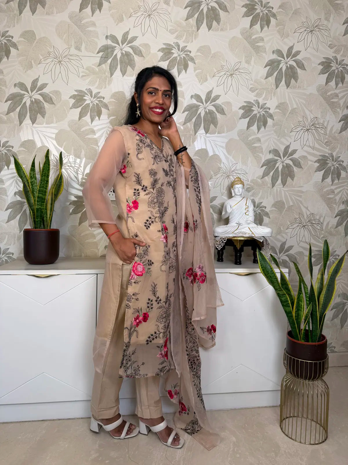 Beige Organza Salwar Set with Floral Embroider
