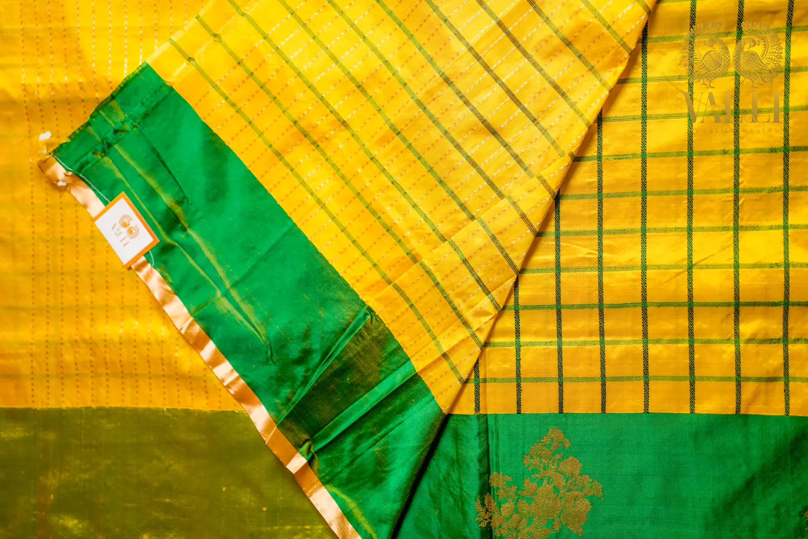 Pure Katan Banarasi Silk Saree with Kanchipuram Checks Pattern yellow 