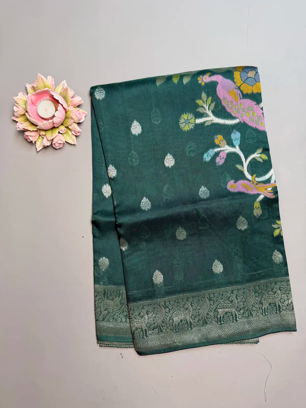 Banarasi Tussar Georgette Saree in Bottle Green with Shikargah Pallu