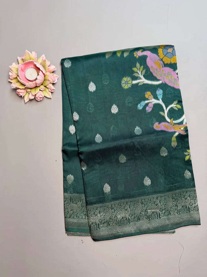 Banarasi Tussar Georgette Saree in Bottle Green with Shikargah Pallu