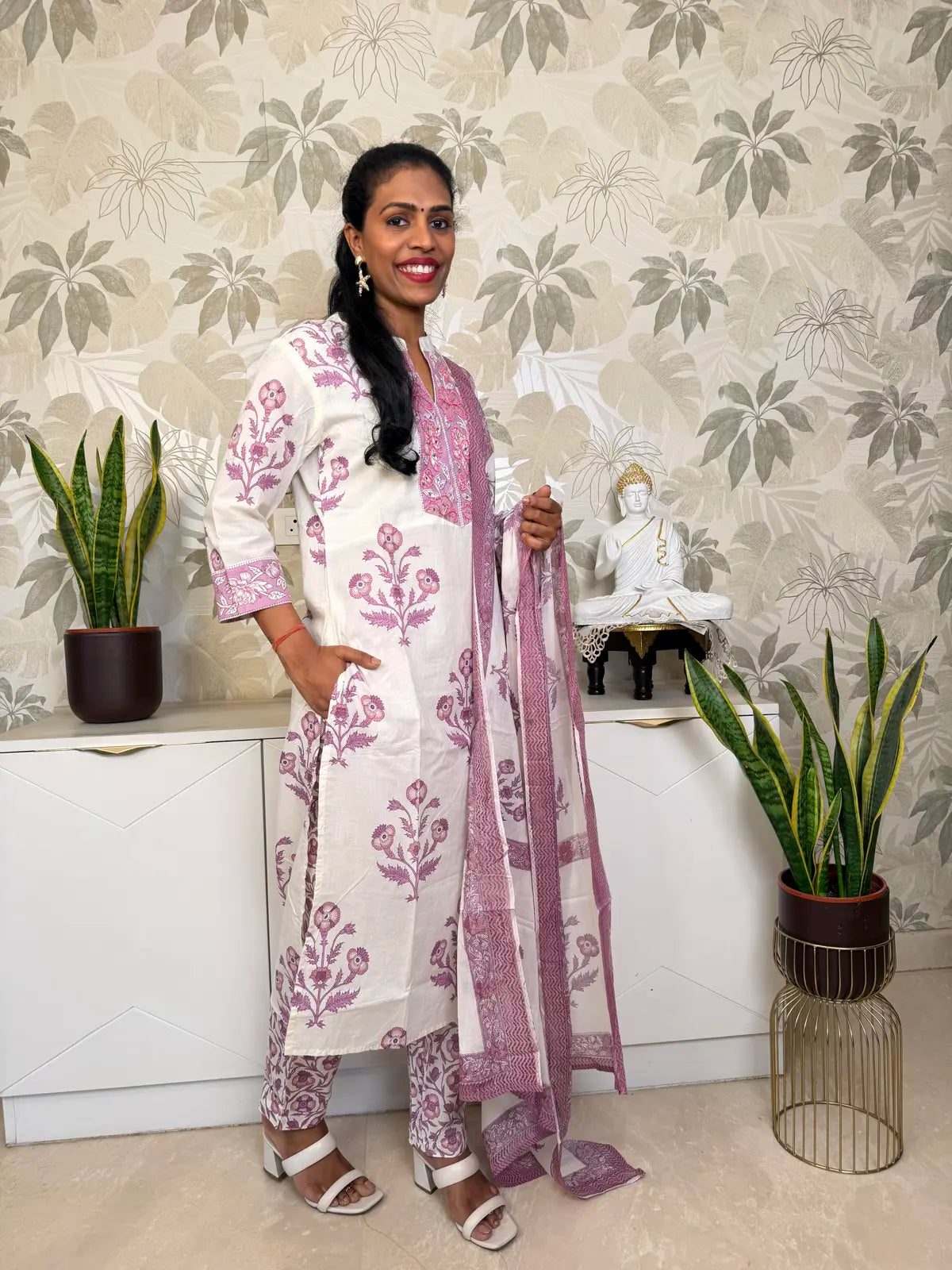 Cream White Cotton Salwar Set with Purple Floral Motifs