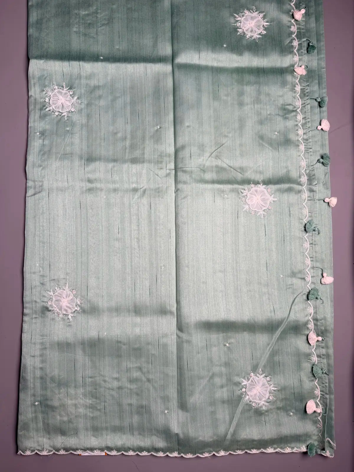 Pastel Green Taar Silk Saree with Appliqué Lace & Pearl Scallop Border