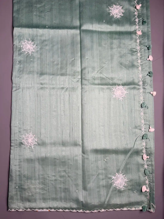 Pastel Green Taar Silk Saree with Appliqué Lace & Pearl Scallop Border