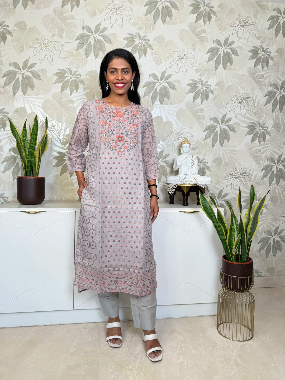 Grey Linen Cotton Salwar Set with Floral Design