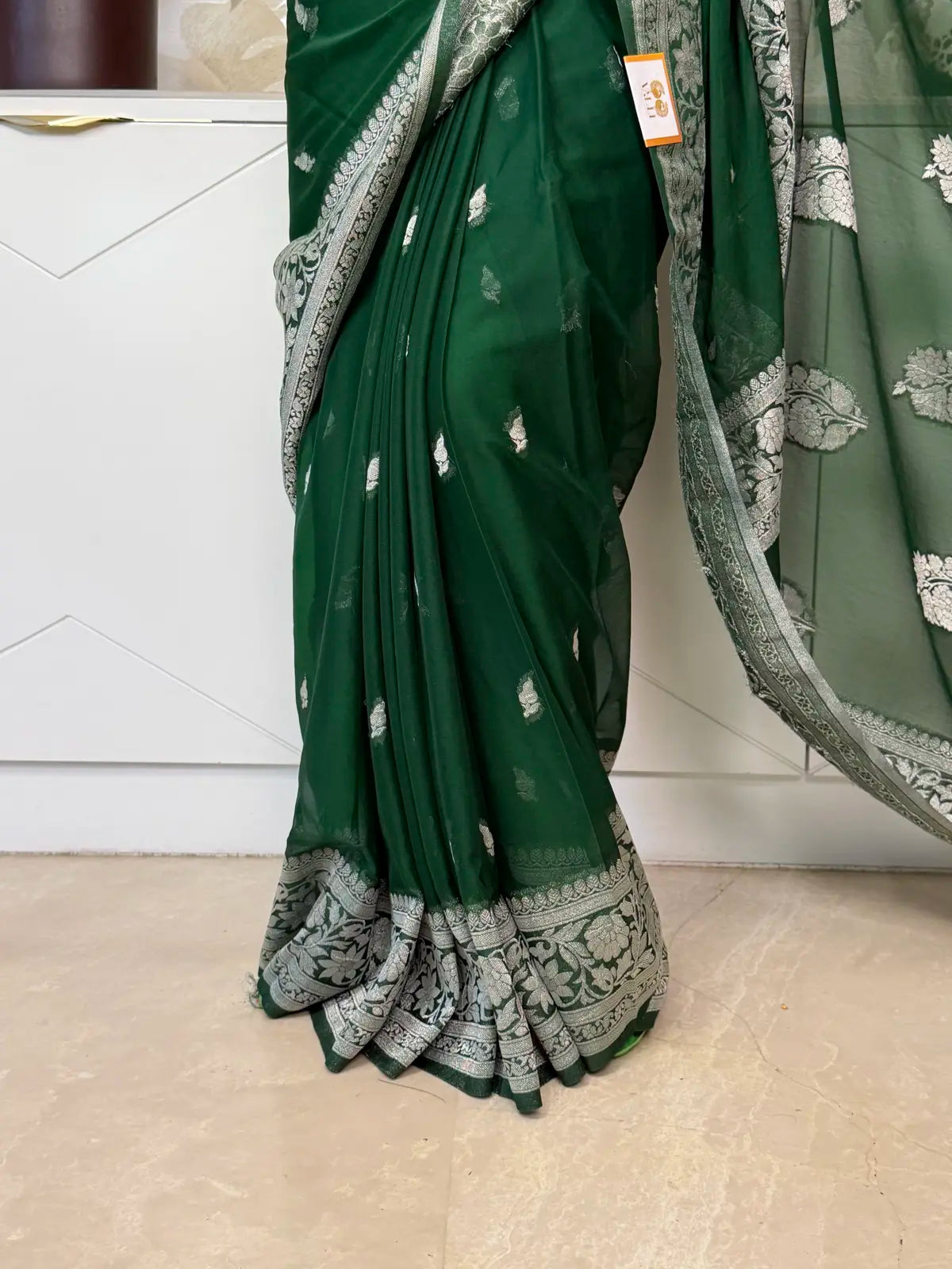 Green Chiffon Saree with Elegant Silver Zari Border