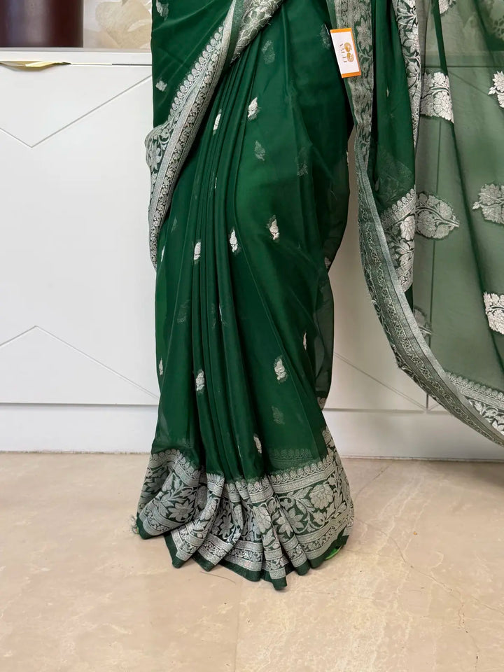 Green Chiffon Saree with Elegant Silver Zari Border