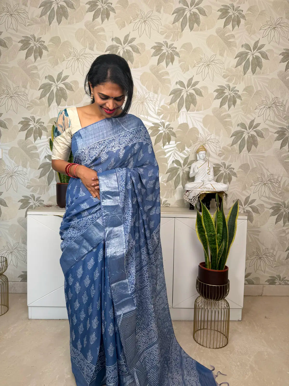 Powder Blue Cotton Saree with Block Print and Batik Pallu