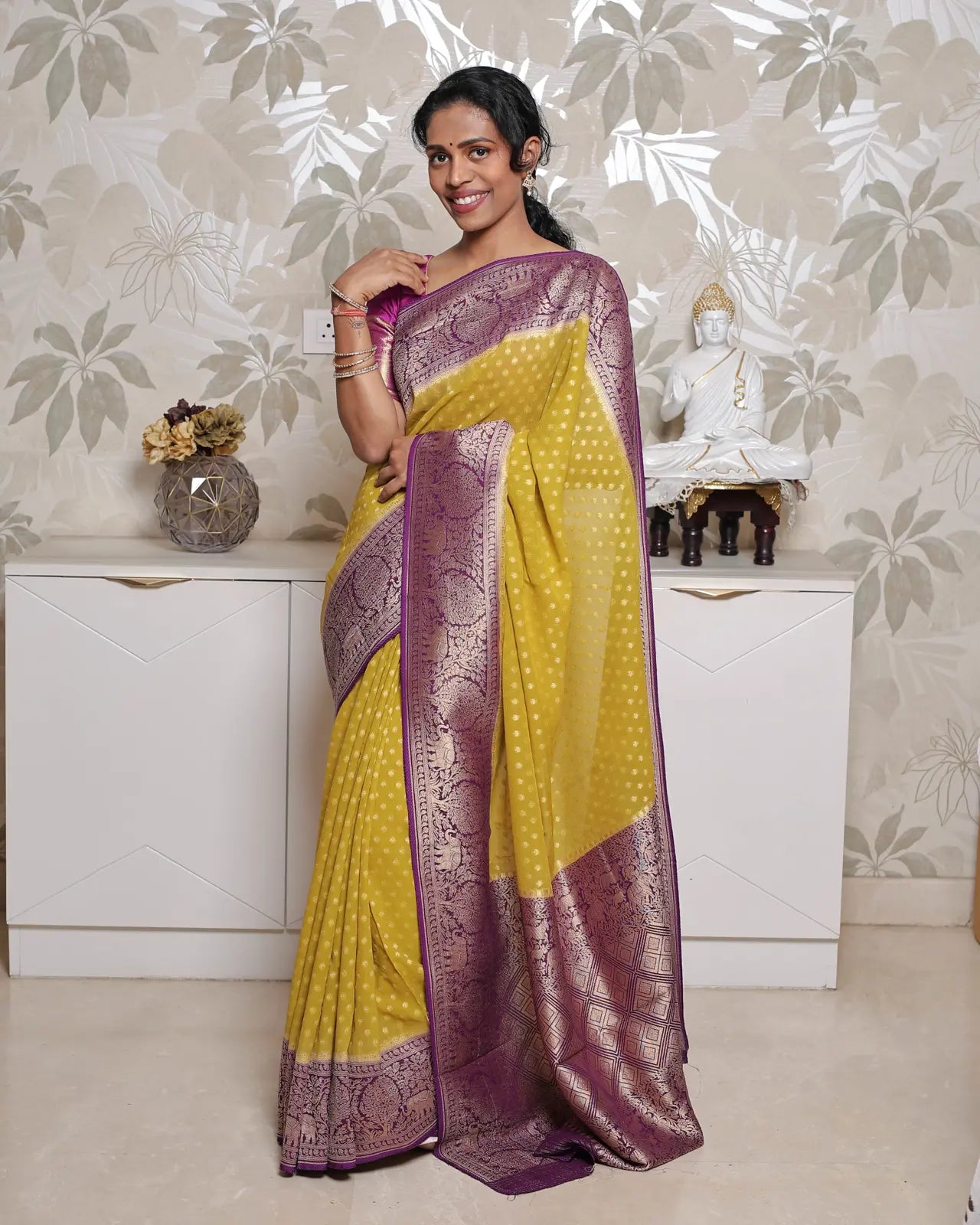Khadi Georgette Saree – Green & Purple 