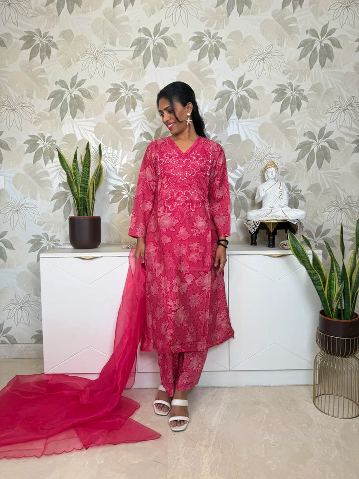 Pink Muslin Cotton Salwar Set with Appliqué Neck Work