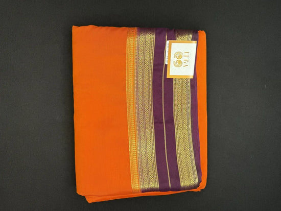 Semi Crepe Silk Orange Saree with Purple Contrast Border & Gold Stripe Pallu