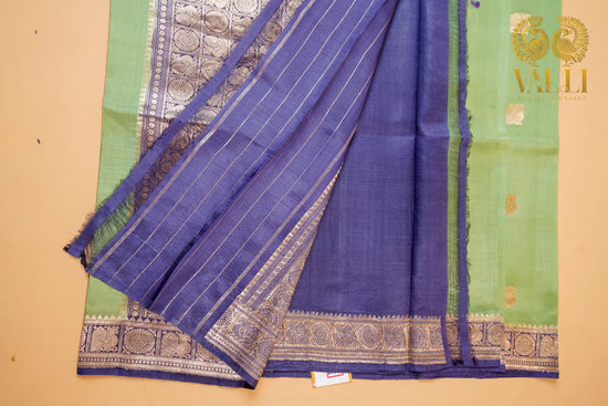 Pure Katan Banarasi Silk Saree – Elachi Green with Purple Border