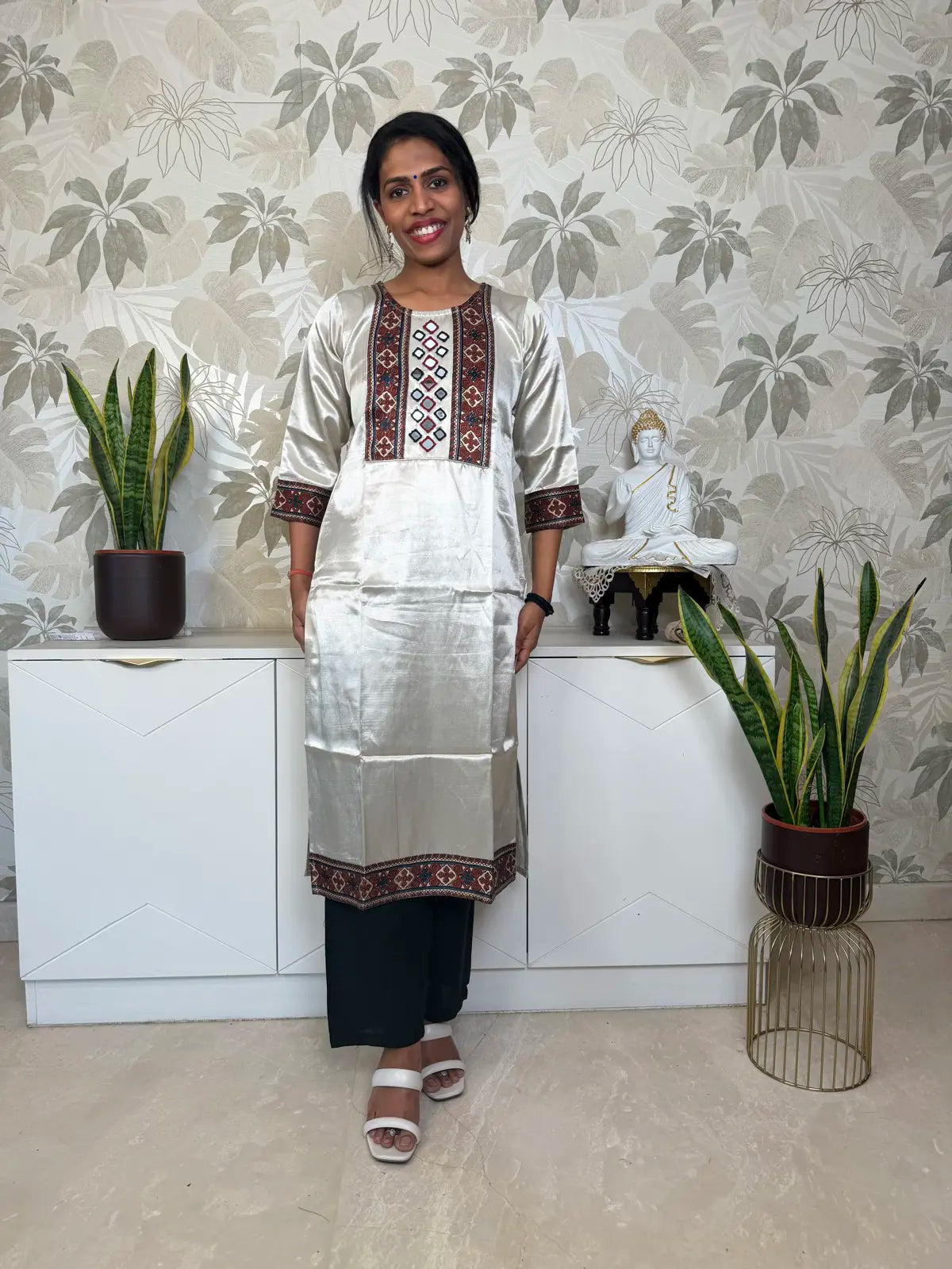 White Satin Kurti with Ajrakh Patchwork and Mirror Detailing