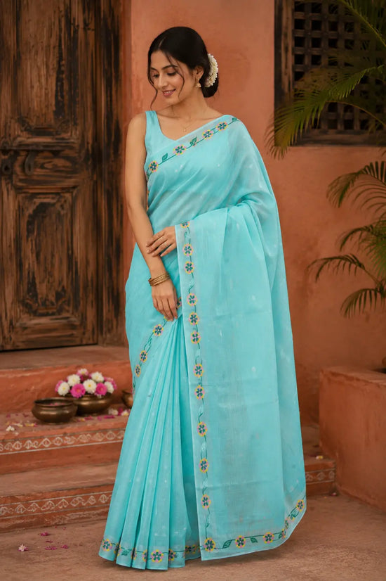 Aqua Mint Kota Saree with Floral Border