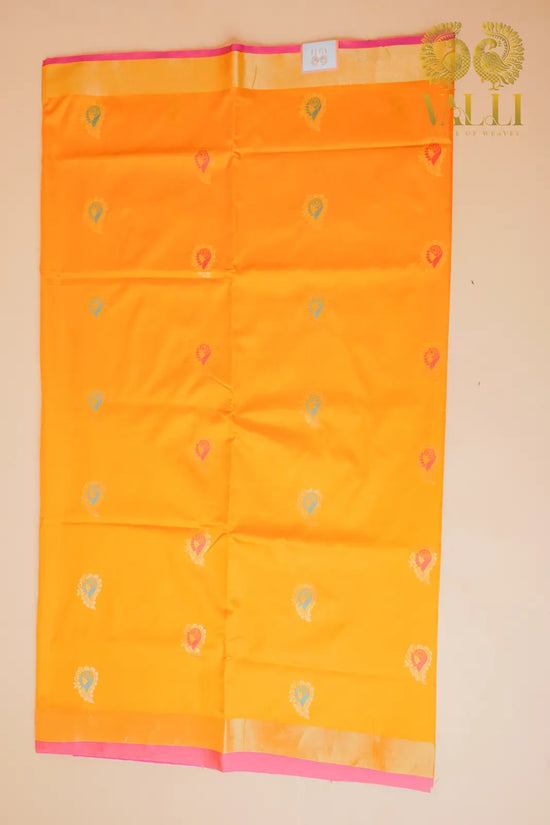 Motif Soft Silk Saree – Mustard Yellow with Contrast Pallu & Pink Blouse