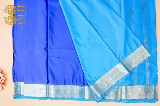 Contrast Border Semi Crepe Silk Saree with Silver Zari Border & Pallu -dark blue+light blue