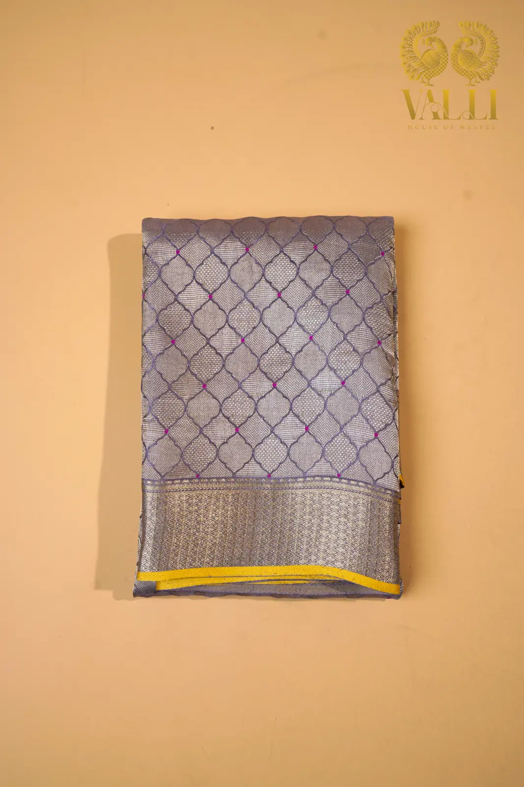 Greyish Lilac Banarasi Crepe Silk Saree with Yellow Selvage