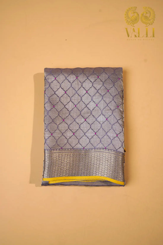 Greyish Lilac Banarasi Crepe Silk Saree with Yellow Selvage