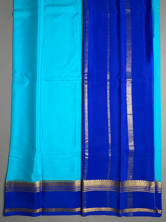 Sky Blue pure Mysore Crepe Silk Saree with Royal Blue Contrast