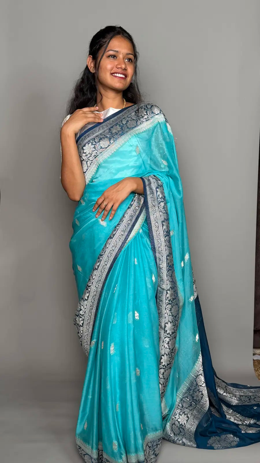Light Blue Chiffon Saree with Elegant Silver Contrast Border