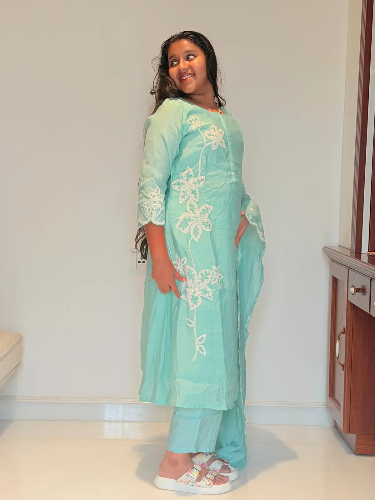 Sky blue embroidery mul Chanderi salwar set with embroidery