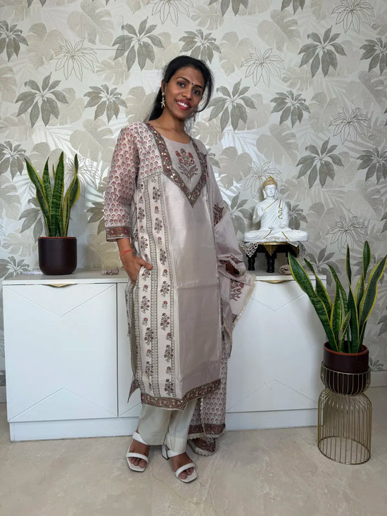 Grey Cotton Salwar Set with Jaipur Block Print Dupatta