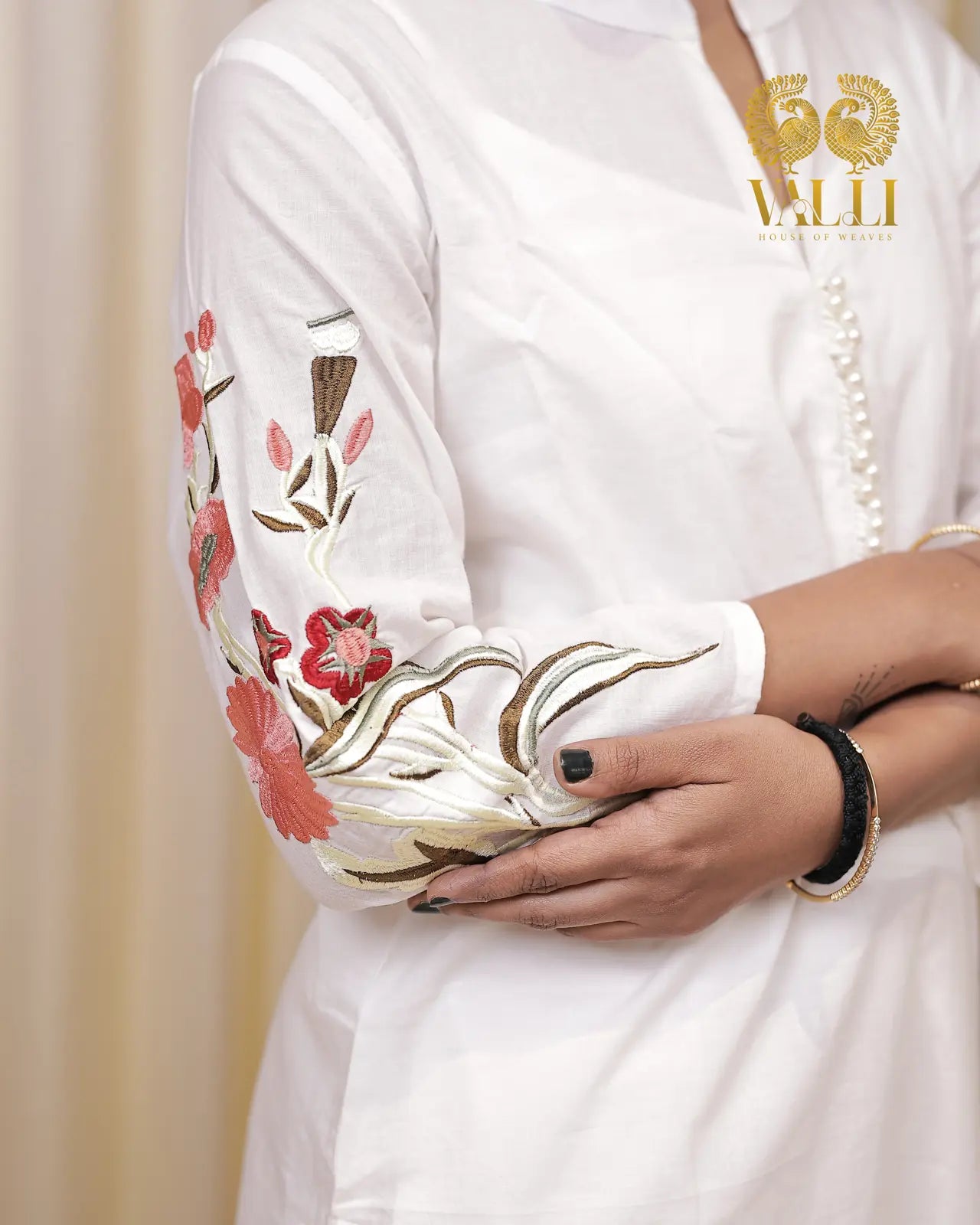 White Cotton embroidery coord set with slit and pocket straight cut pant