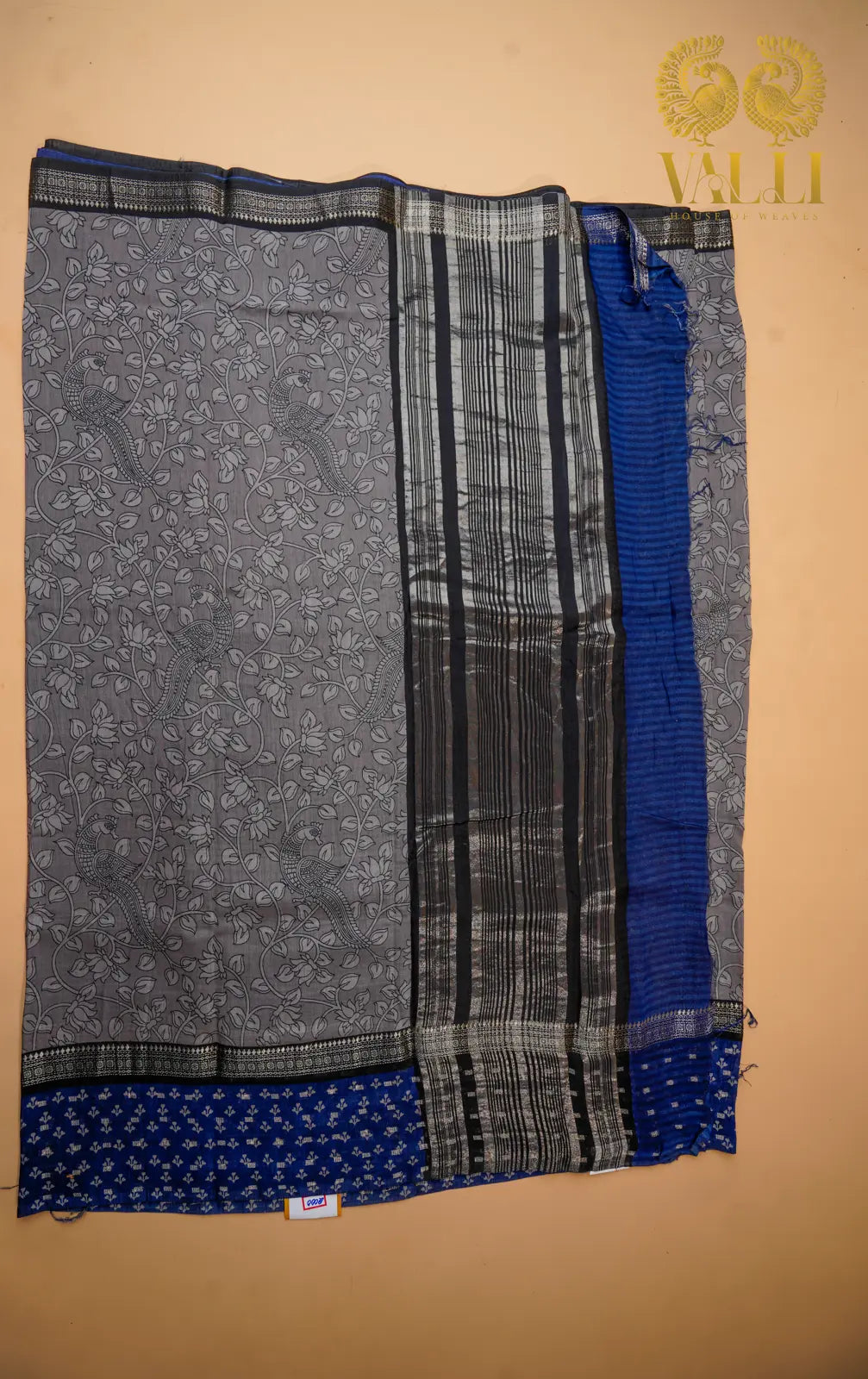 Kalamkari cotton saree grey + blue 