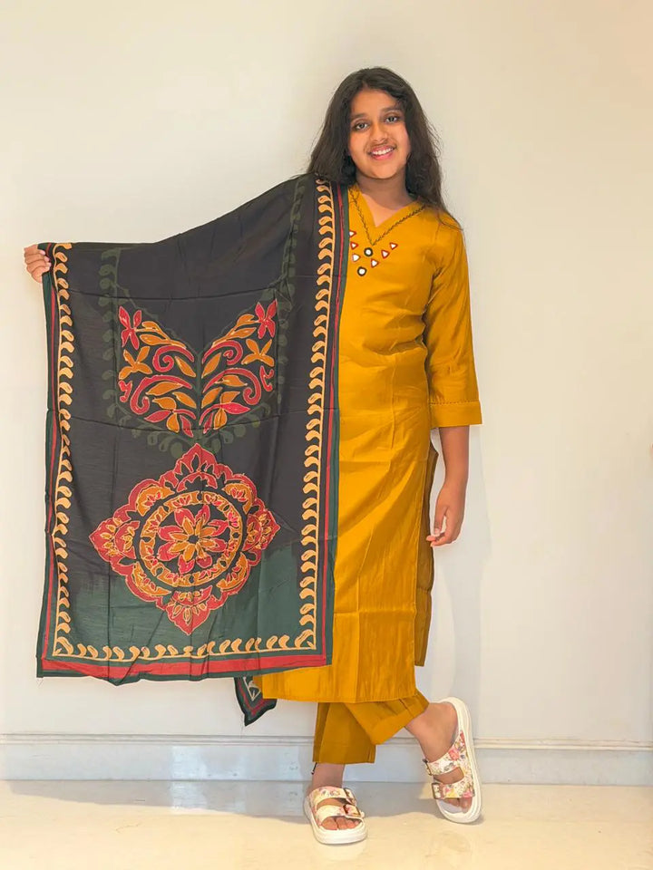 Mustard Yellow cotton with ajrakh dupatta 3 piece Suit