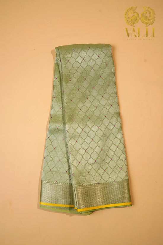 Elachi Green Banarasi Crepe Silk Saree with Yellow Selvage