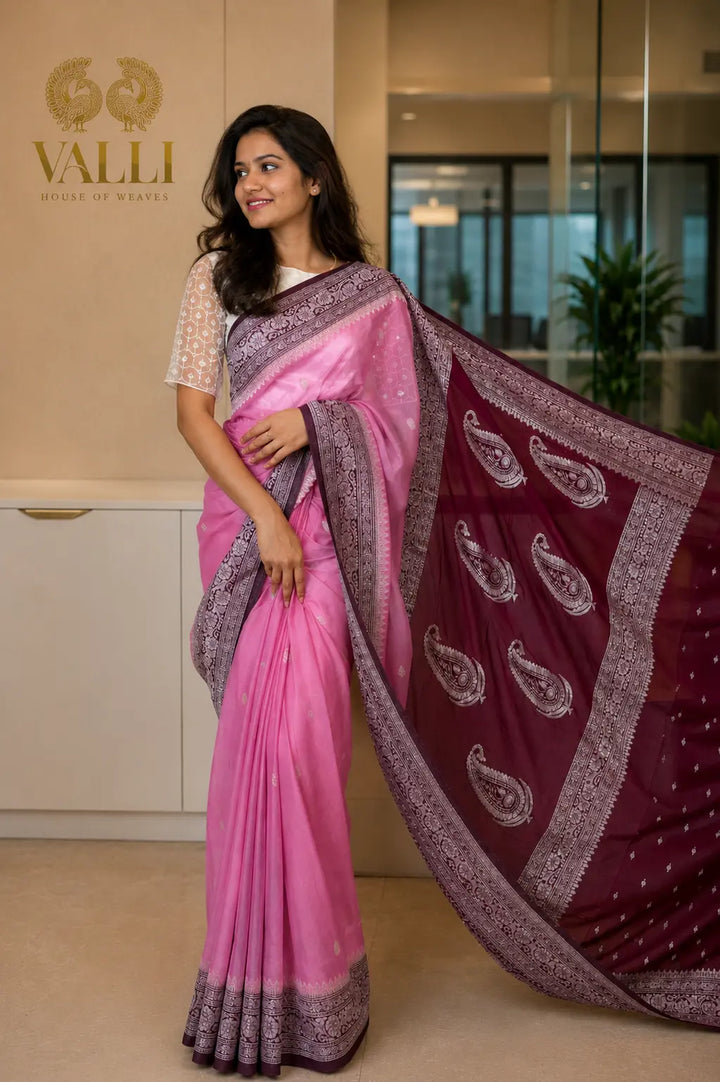 Pink Chiffon Saree with Elegant Silver Zari Borde