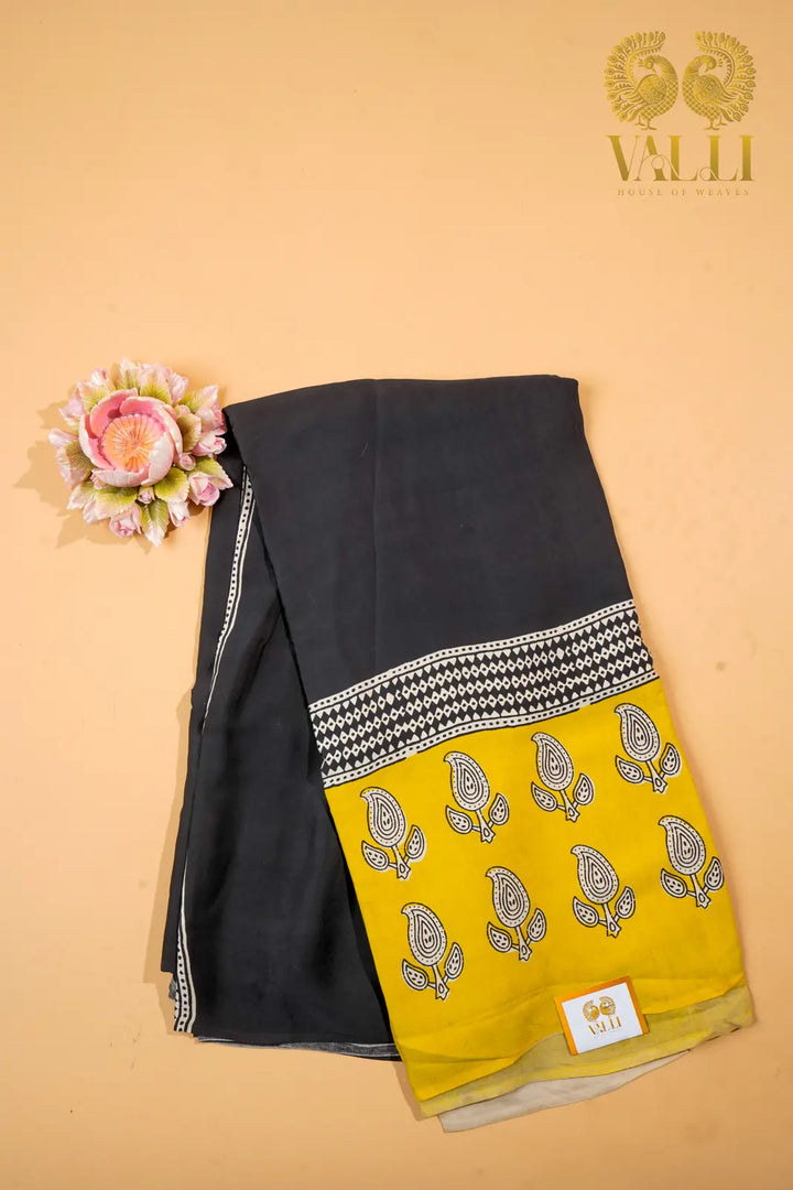 Black Modal Saree – Green Mango Motif Border with Beige Printed Blouse