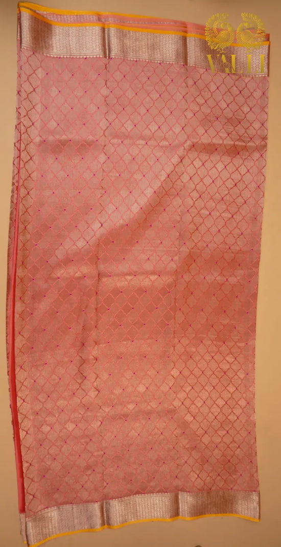 Peach Banarasi Crepe Silk Saree with Yellow Selvage