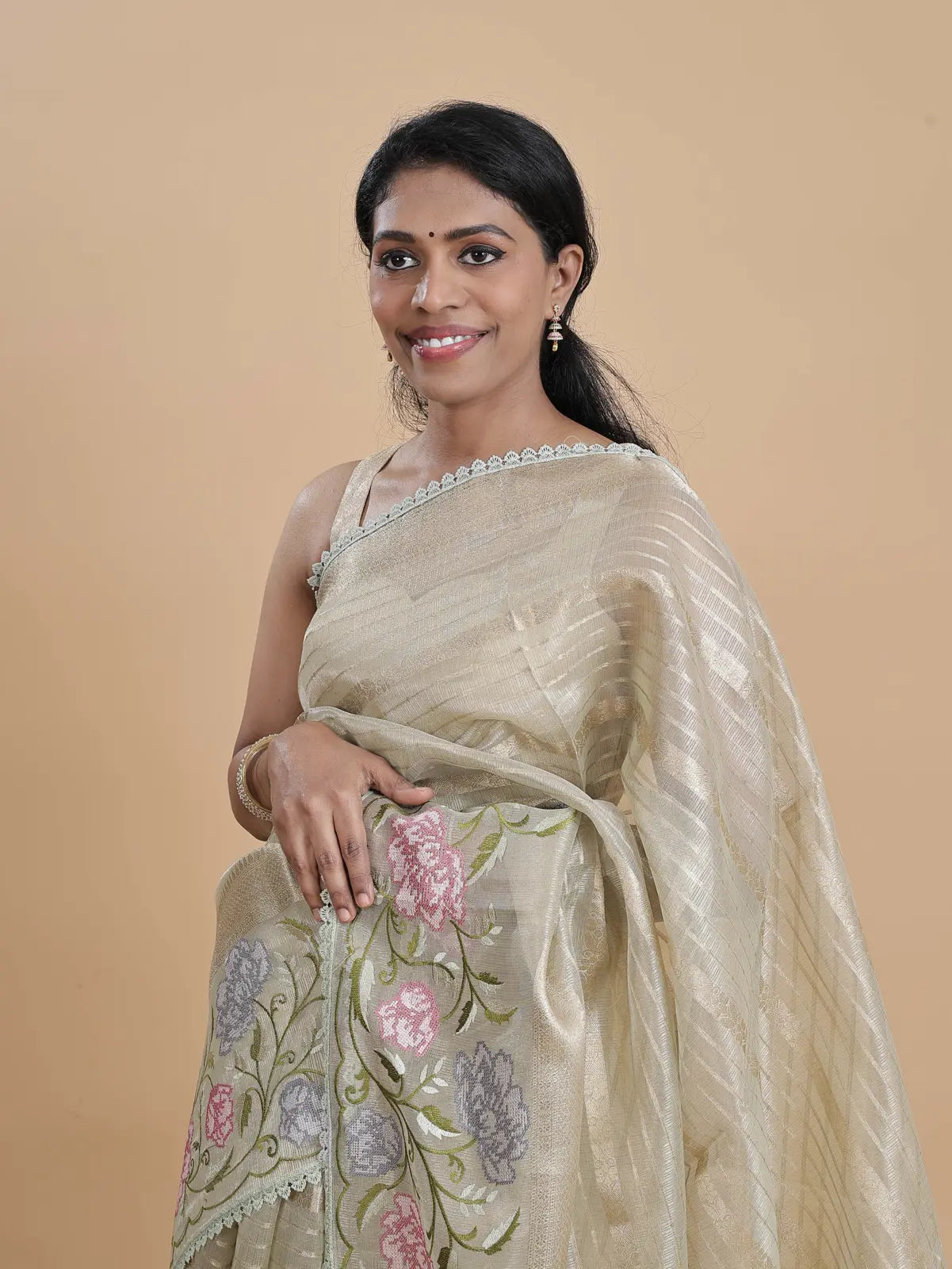 TISSUE SAREE - CROSS EMBROIDERY