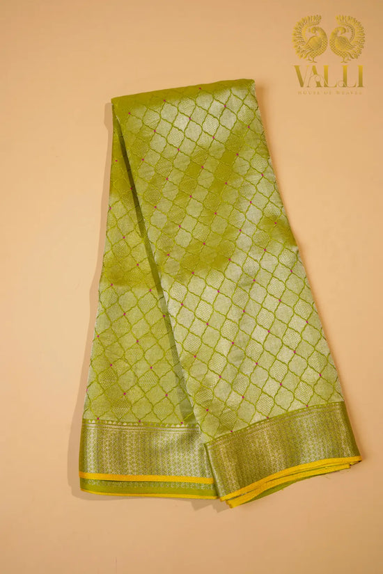 Lemon Green Banarasi Crepe Silk Saree with Yellow Selvage
