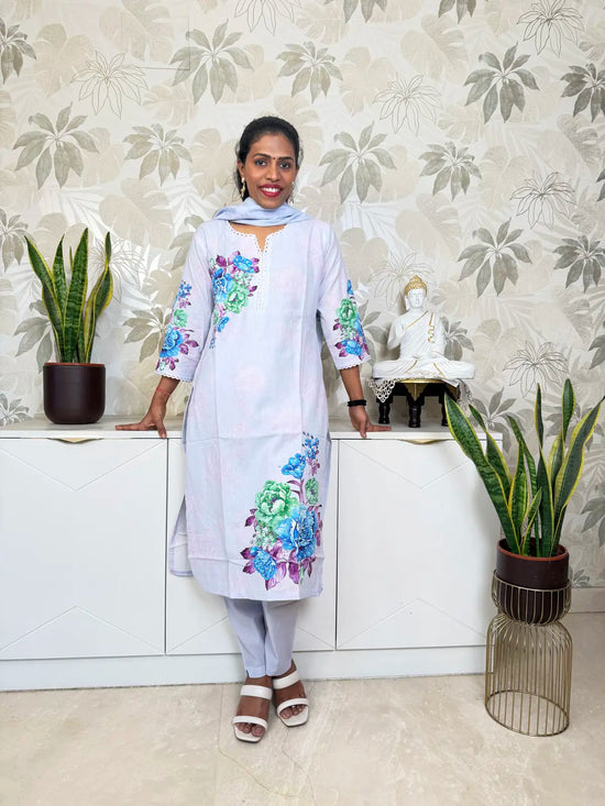 Lavender Cotton Salwar Set with Floral Bouquet Design