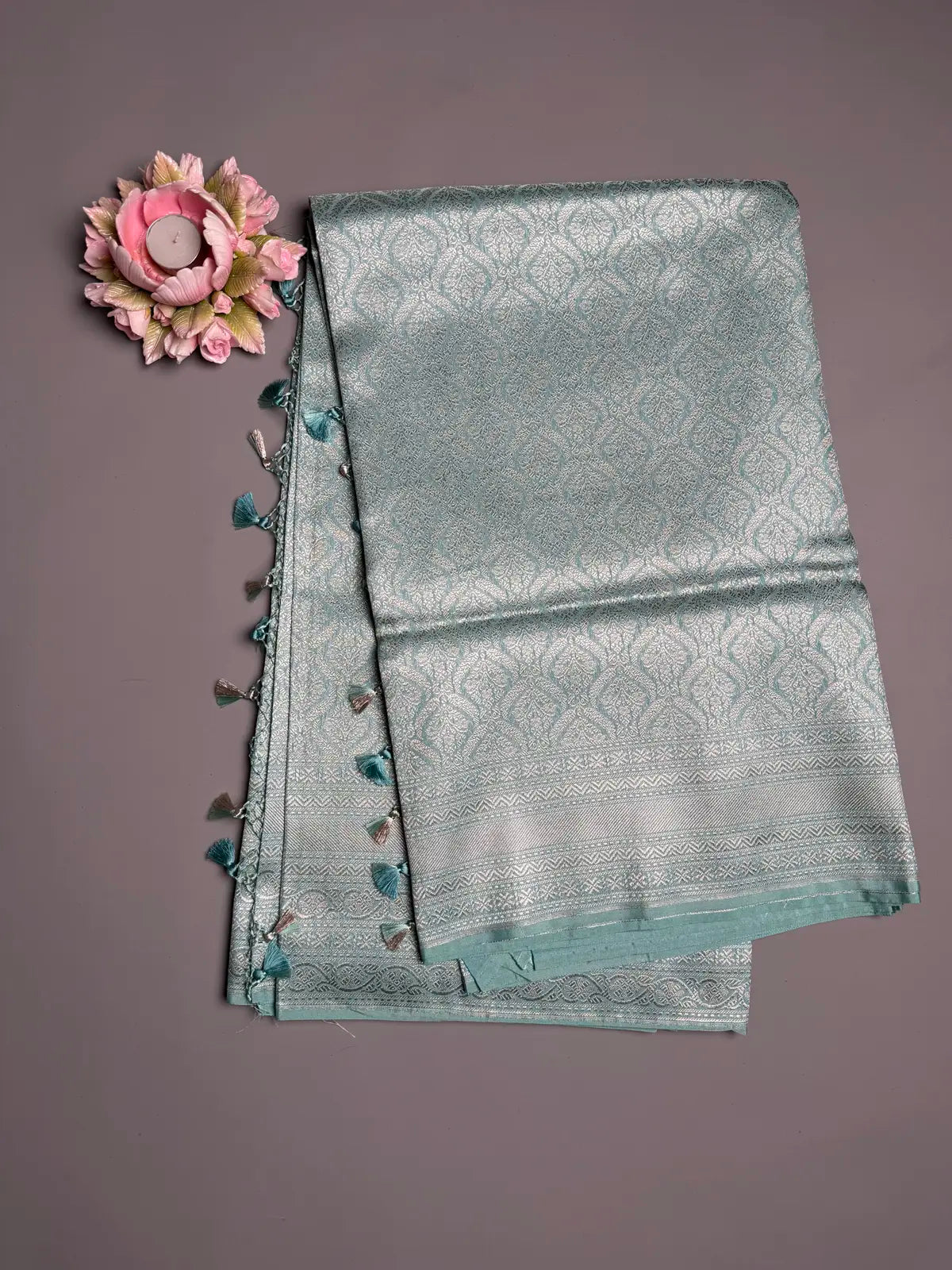 Powder Blue Semi Banarasi Silk Saree with Silver Zari Weave