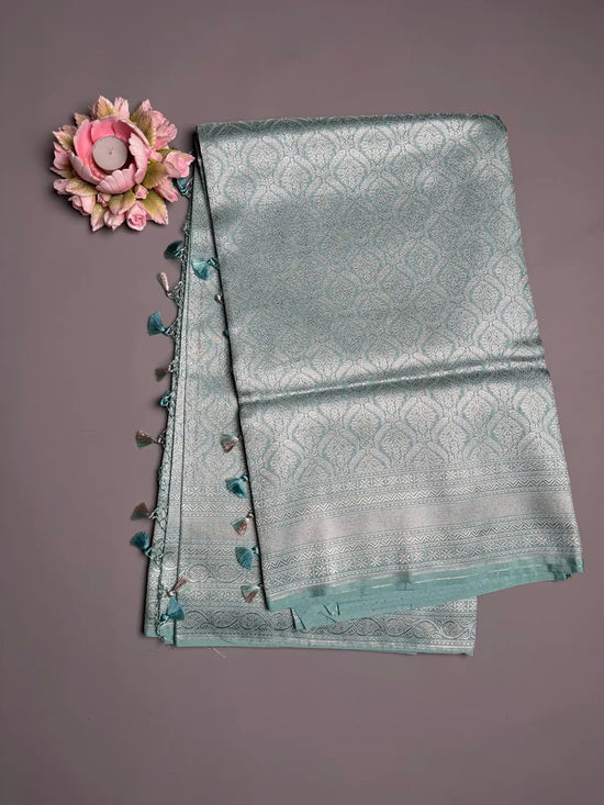 Powder Blue Semi Banarasi Silk Saree with Silver Zari Weave