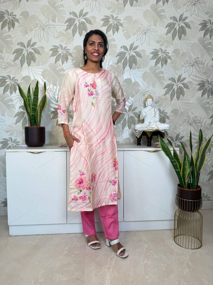 White Silk-Finish Digital Floral Print Salwar Set with Pink Dupatta